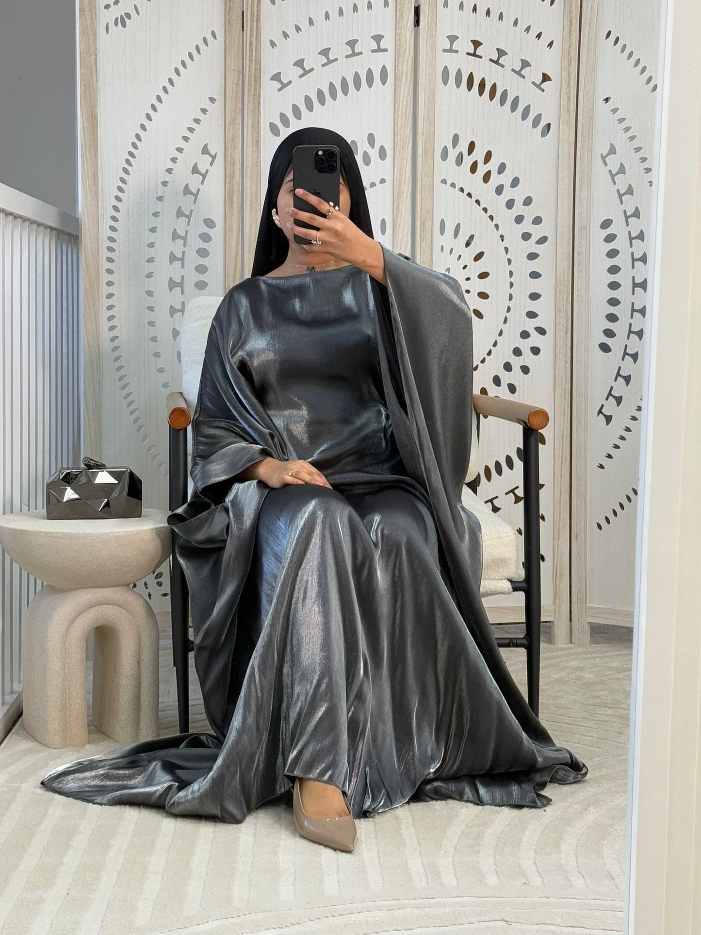 Metallic Grey Shimmer Batwing Abaya