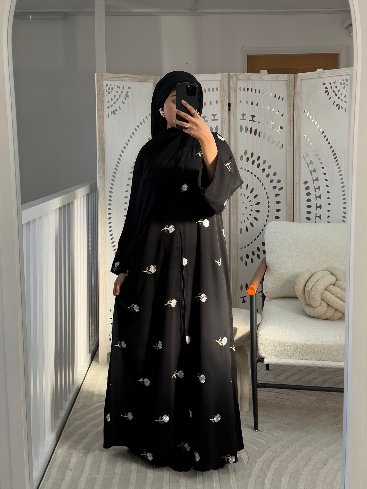Daisy Embroidered Abaya With Attached Scarf