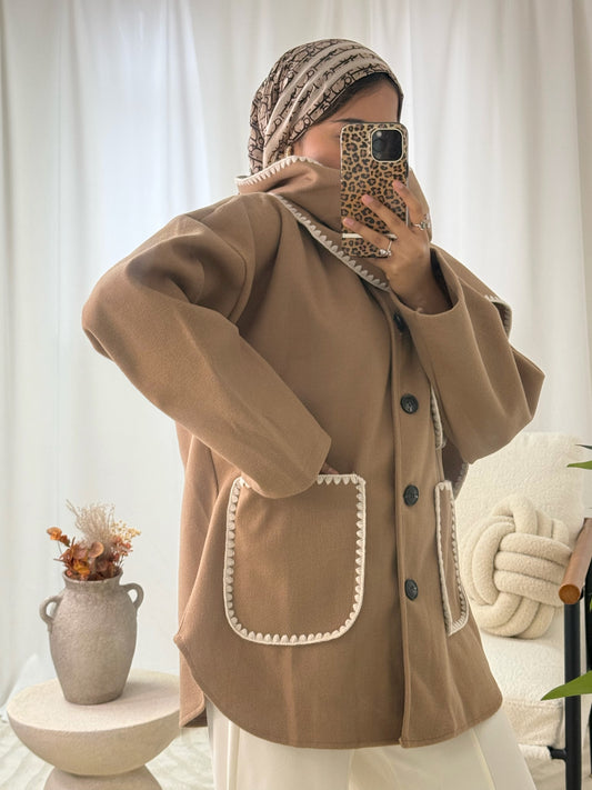 Aaliyah Contrast Trim Coat in Camel