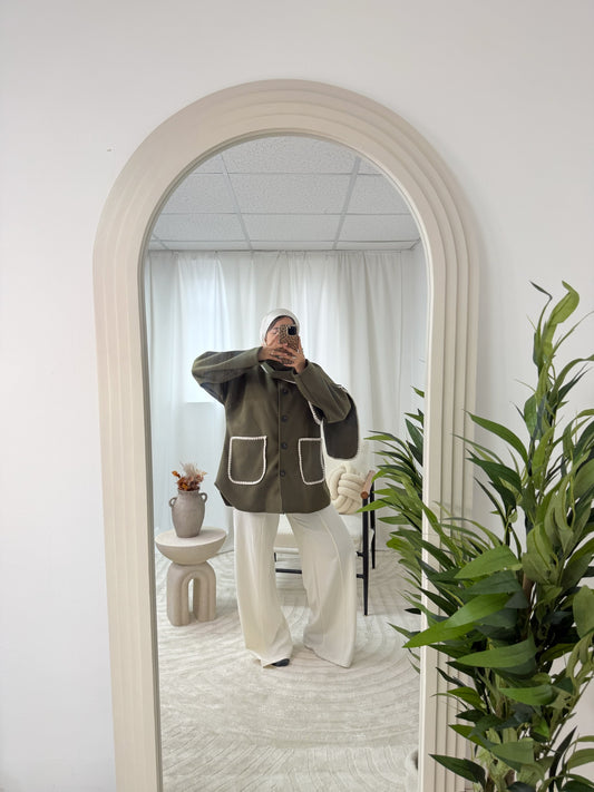 Aaliyah Contrast Trim Coat in Khaki