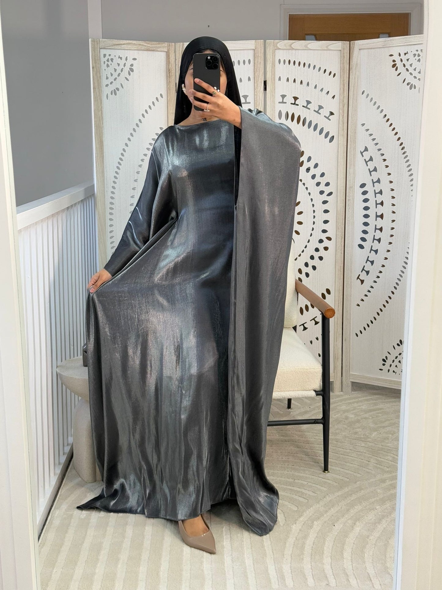 Metallic Grey Shimmer Batwing Abaya
