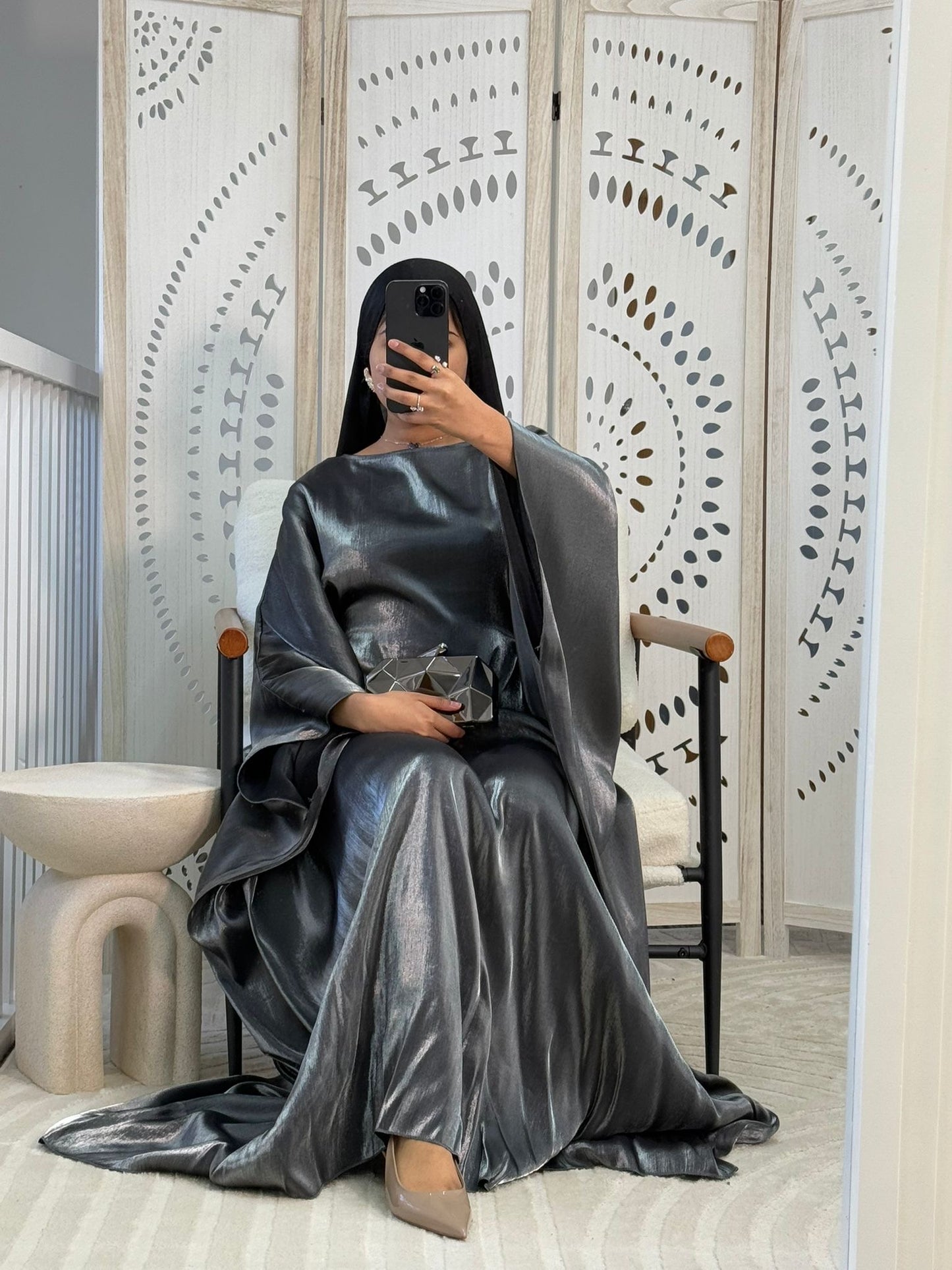 Metallic Grey Shimmer Batwing Abaya
